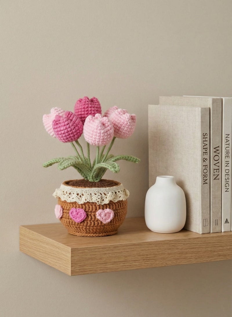 Handmade Crochet Tulip Bouquet in Pot - 3 Color Finished Artificial Flowers for Home Desk Decor, Gift for Mother, Wife, Girlfriend on Mother's Day, Eid - Ready to Use Gift Set - Image 4